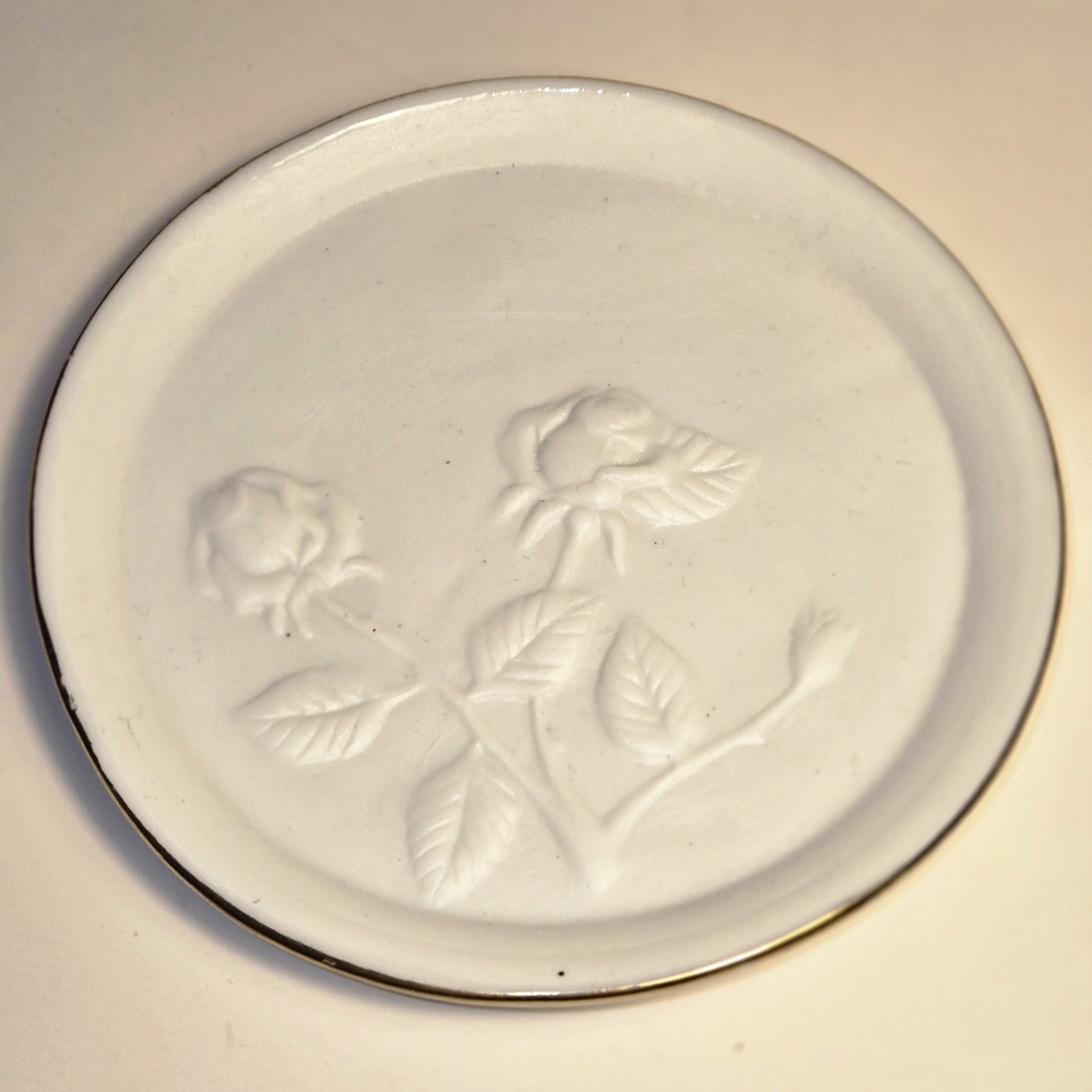 Vintage White Porcelain Jewelry Trinket Dish W/Raised Rose Design Gold Trim
